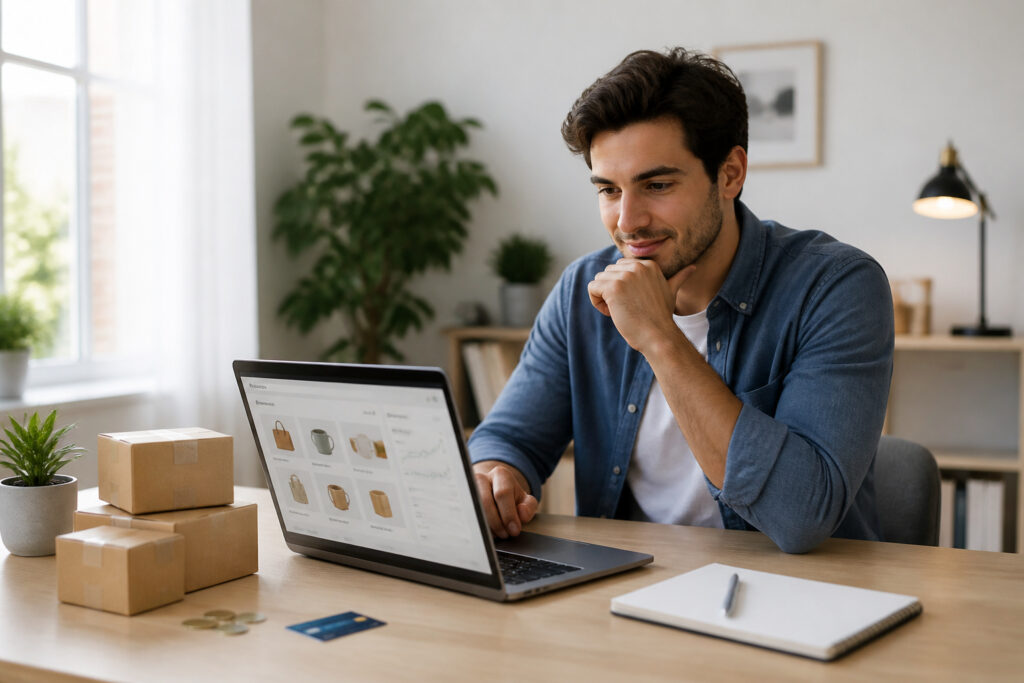 Succes e commerce homme souriant devant son ordinateur