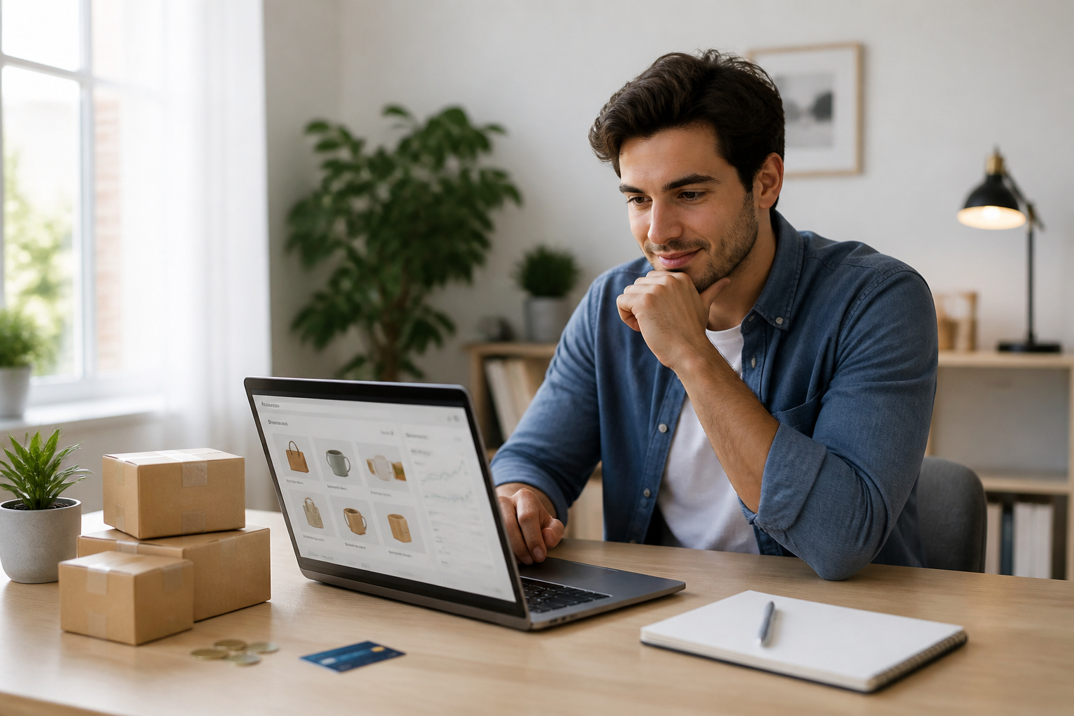Succes e commerce homme souriant devant son ordinateur