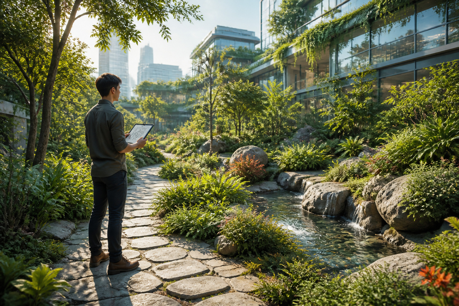 Architecte contemplant un espace vert urbain